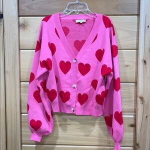 Entro Vivid Pink Cardigan with Bold Red Hearts